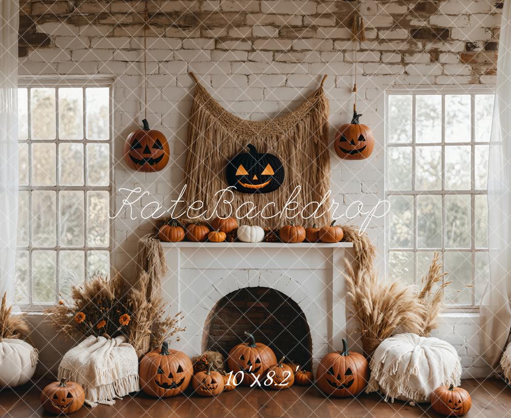 Kate Halloween Pumpkin White Fireplace Boho Backdrop Designed by Emetselch -UK