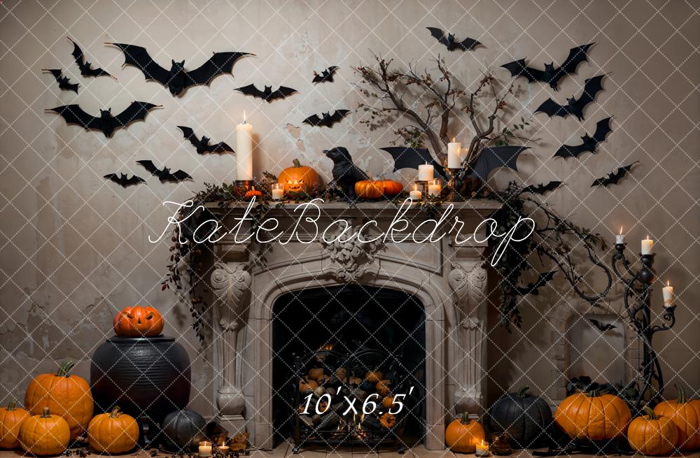 Kate Halloween Bat Gray Fireplace Backdrop Designed by Emetselch -UK