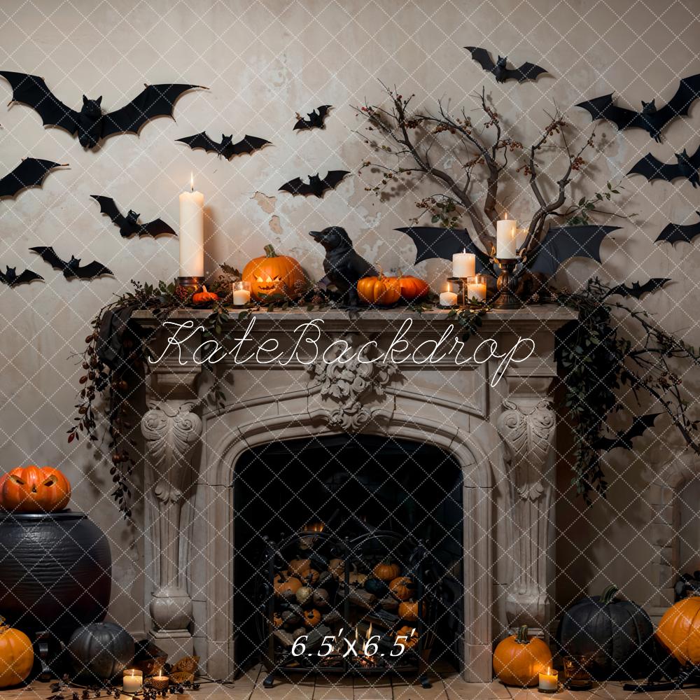 Kate Halloween Bat Gray Fireplace Backdrop Designed by Emetselch -UK