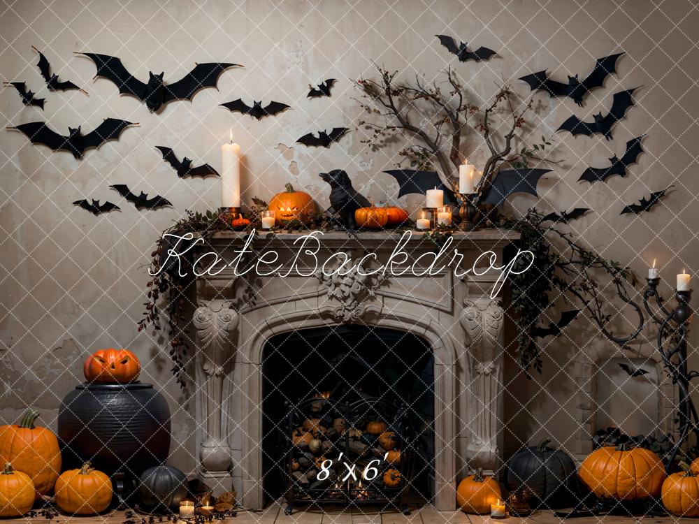 Kate Halloween Bat Gray Fireplace Backdrop Designed by Emetselch -UK
