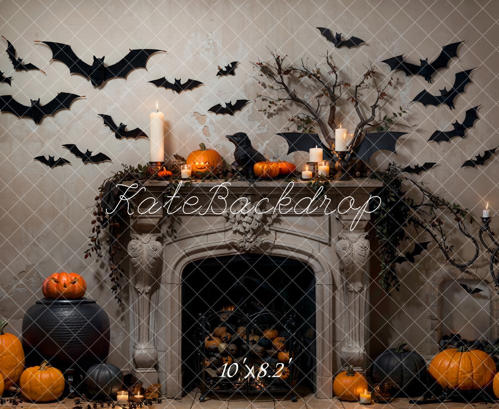 Kate Halloween Bat Gray Fireplace Backdrop Designed by Emetselch -UK