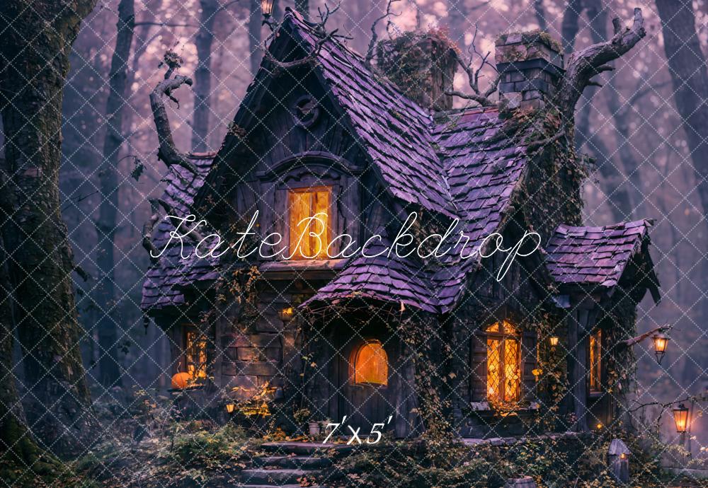 Kate Purple Halloween Night Old Cabin Forest Backdrop Designed by Emetselch -UK
