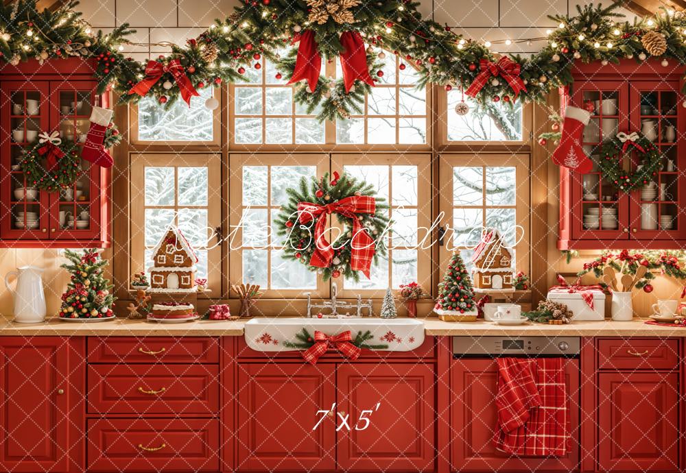 On Sale Kate Christmas Red Kitchen Retro Cabinets Window Backdrop Designed by Emetselch -UK