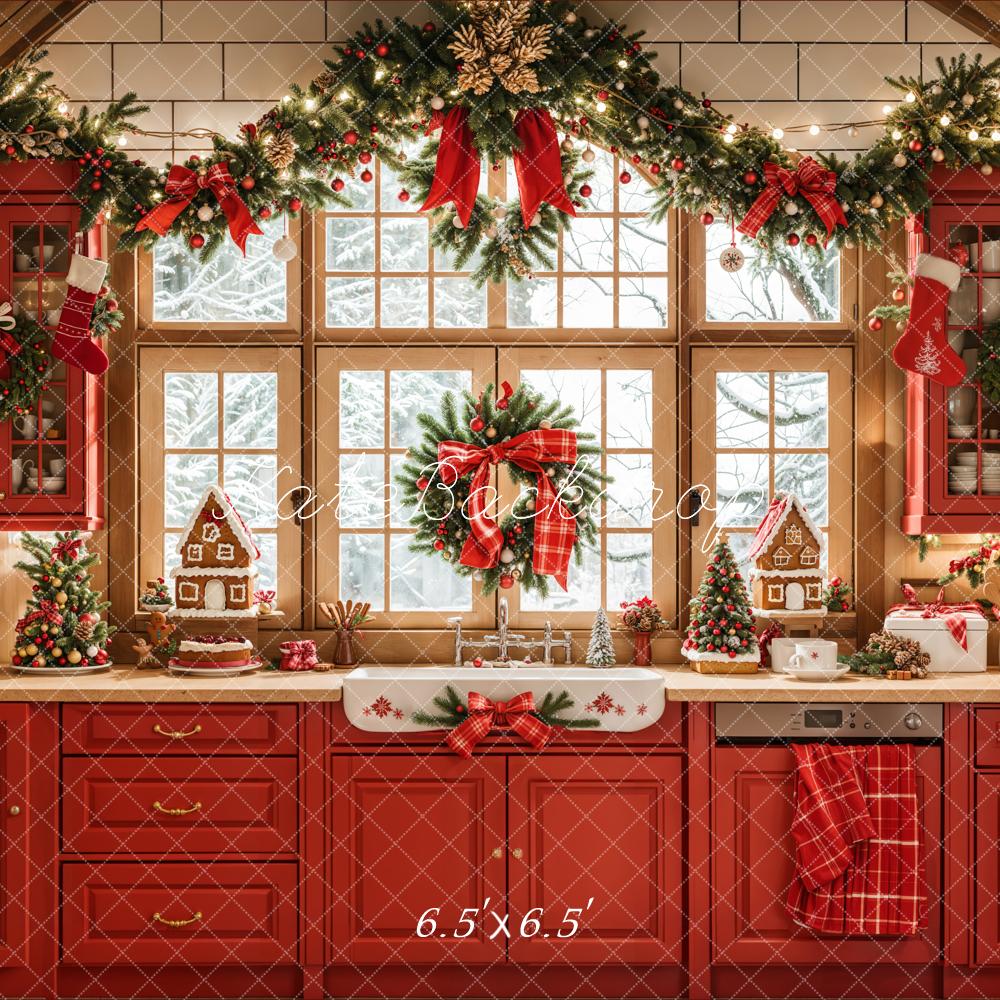 On Sale Kate Christmas Red Kitchen Retro Cabinets Window Backdrop Designed by Emetselch -UK