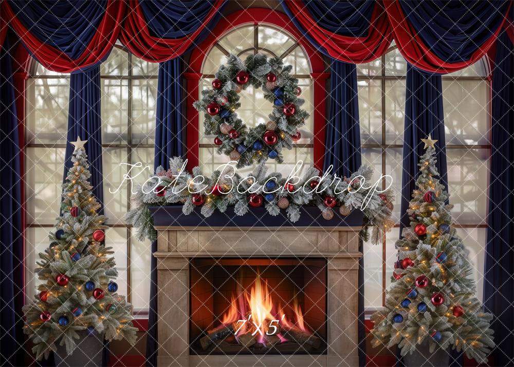 Kate Christmas Tree Navy Red Curtains Fireplace Backdrop Designed by Mini MakeBelieve -UK