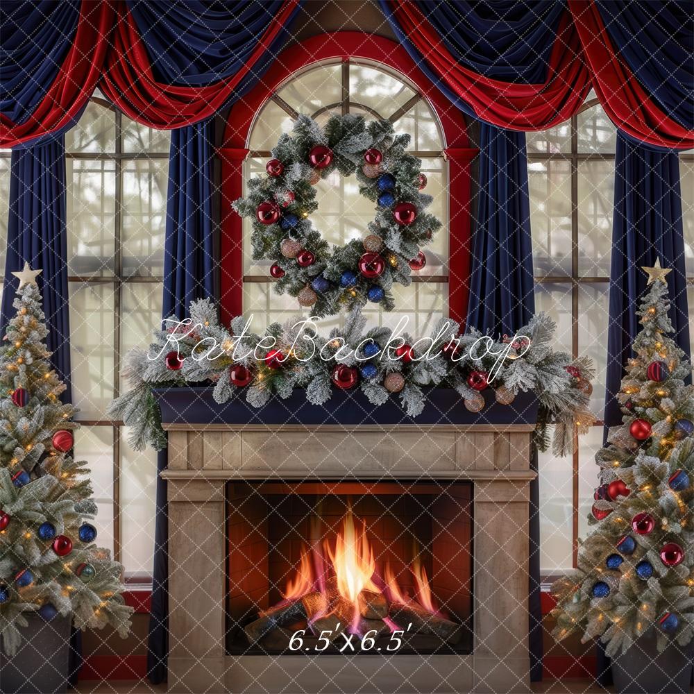 Kate Christmas Tree Navy Red Curtains Fireplace Backdrop Designed by Mini MakeBelieve -UK
