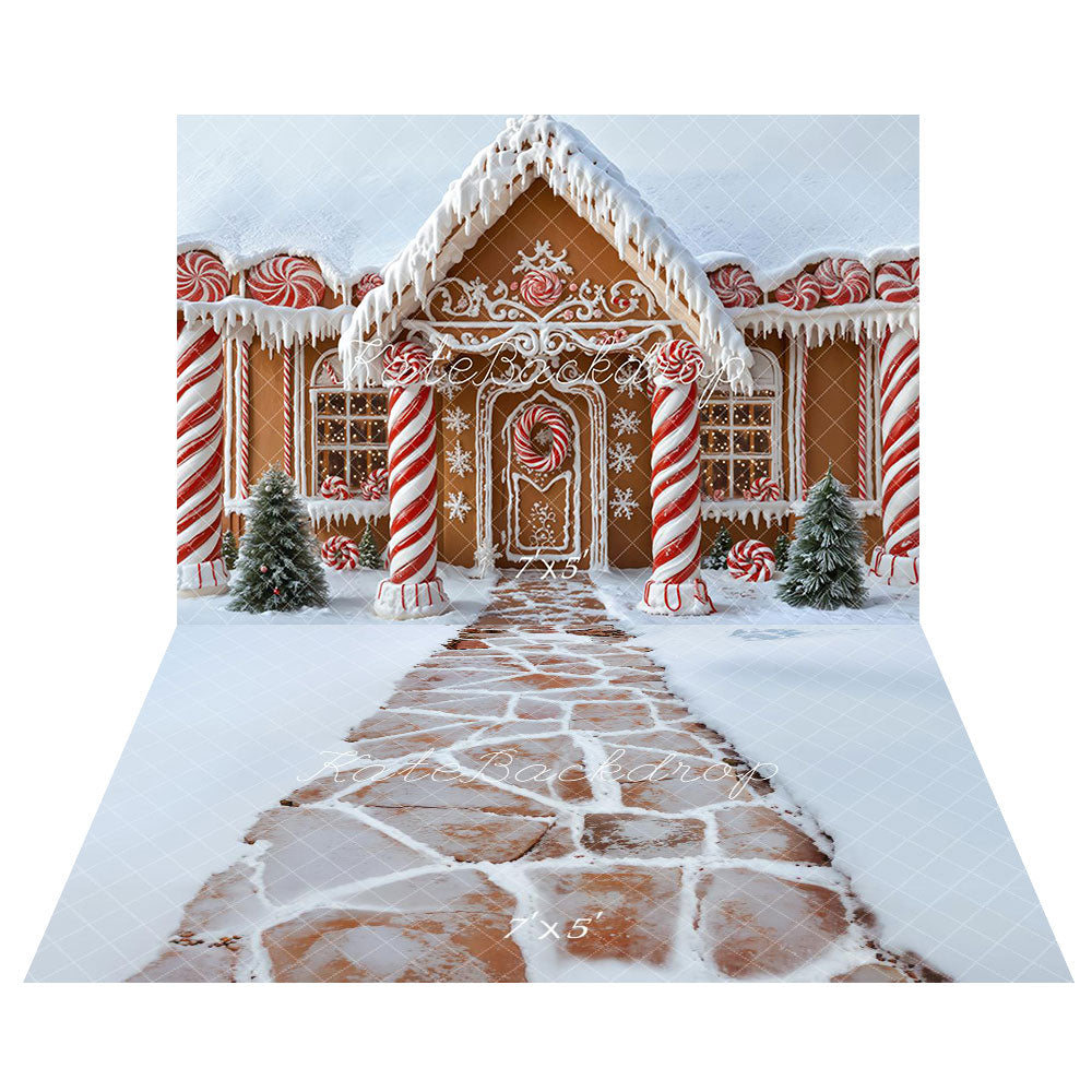 Kate Christmas Gingerbread House Backdrop+Snow Brown Stone Road Floor Backdrop -UK