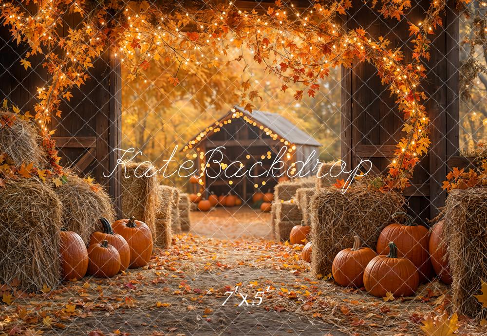 Kate Autumn Maple Leaf Barn Pumpkin Straw Backdrop Designed by Emetselch -UK