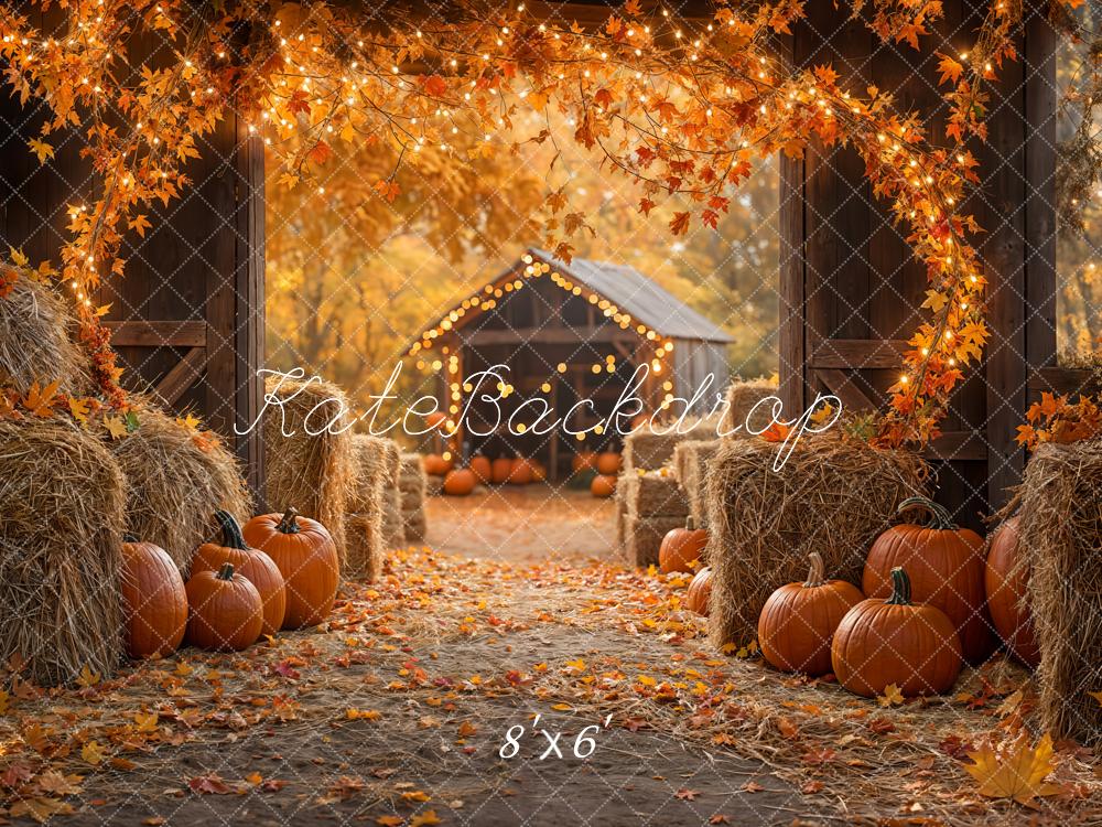 Kate Autumn Maple Leaf Barn Pumpkin Straw Backdrop Designed by Emetselch -UK