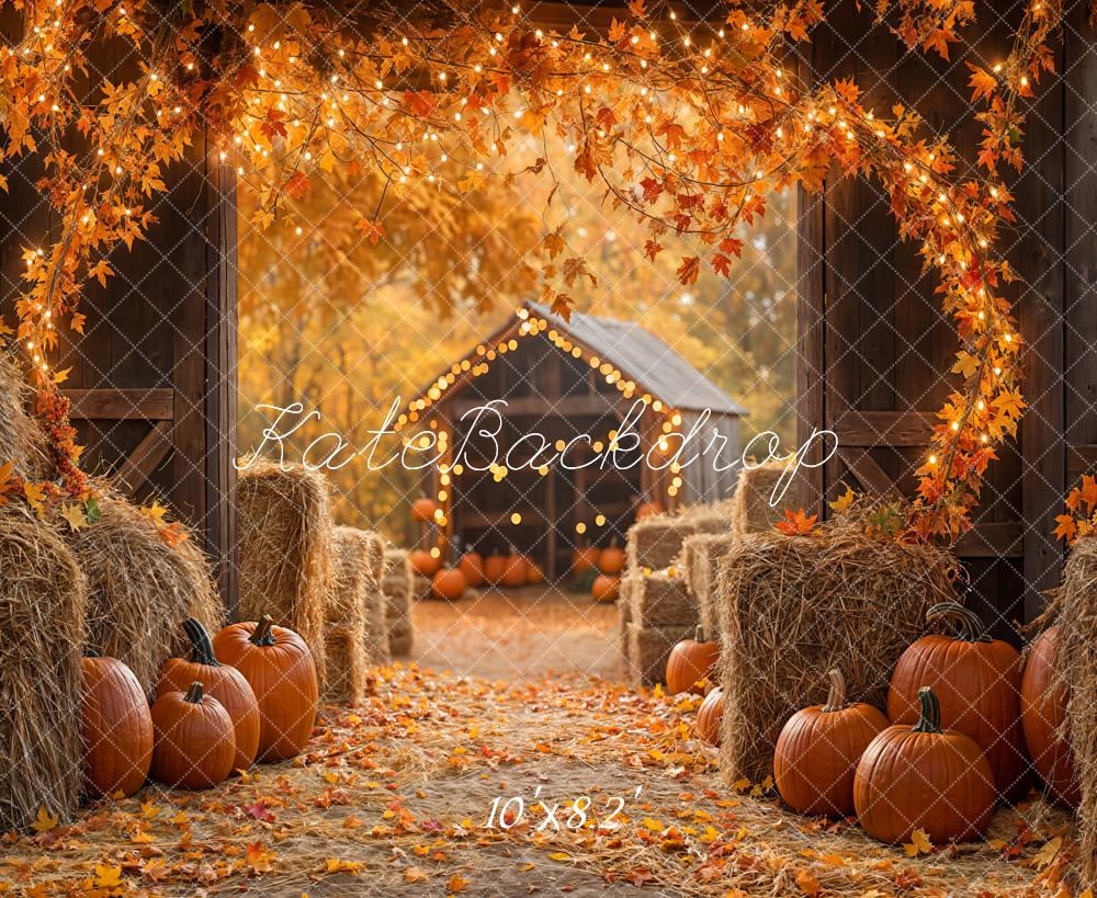 Kate Autumn Maple Leaf Barn Pumpkin Straw Backdrop Designed by Emetselch -UK