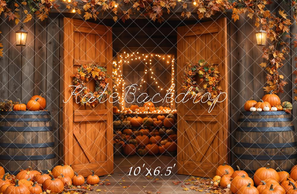 Kate Autumn Barn Wooden Door Pumpkins Backdrop Designed by Emetselch -UK