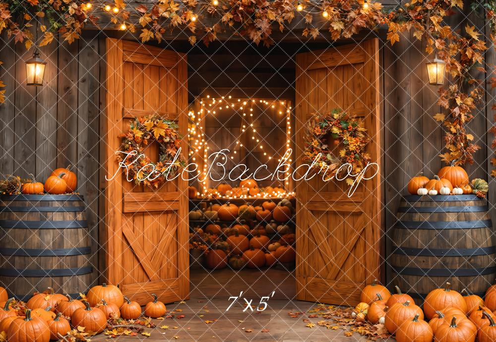 Kate Autumn Barn Wooden Door Pumpkins Backdrop Designed by Emetselch -UK