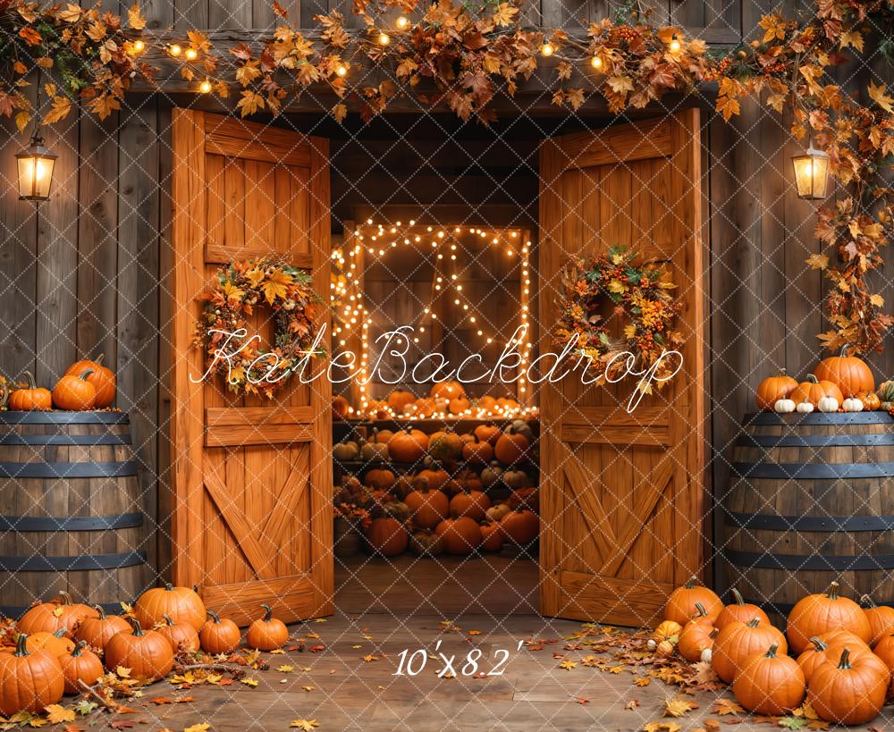 Kate Autumn Barn Wooden Door Pumpkins Backdrop Designed by Emetselch -UK