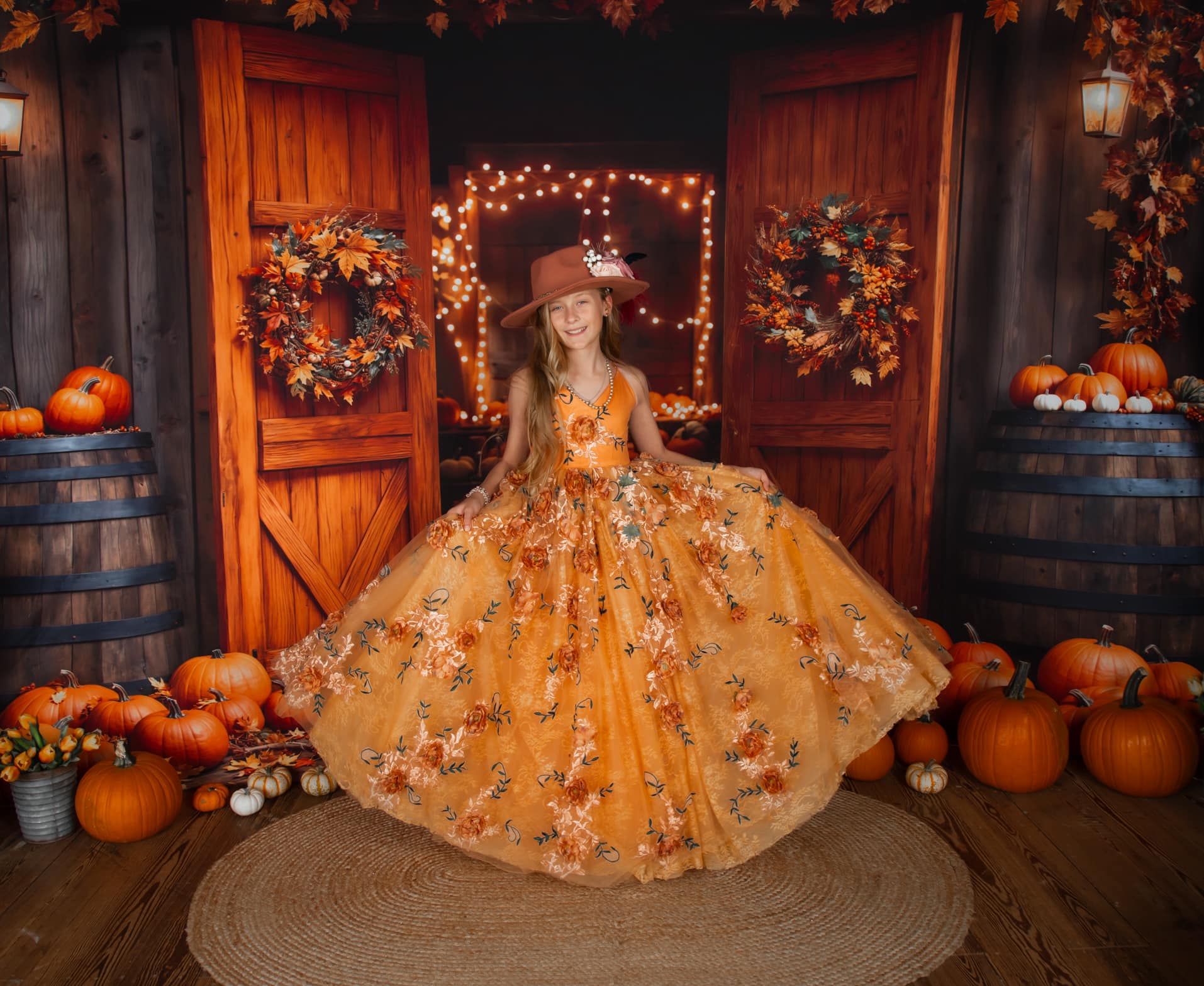 Lightning Deals Kate Autumn Barn Wooden Door Pumpkins Backdrop Designed by Emetselch -UK