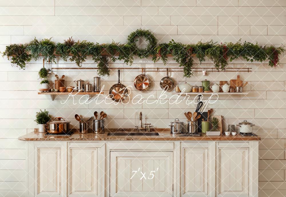 Kate Christmas Kitchen White Cabinets Cookware Backdrop Designed by Emetselch -UK
