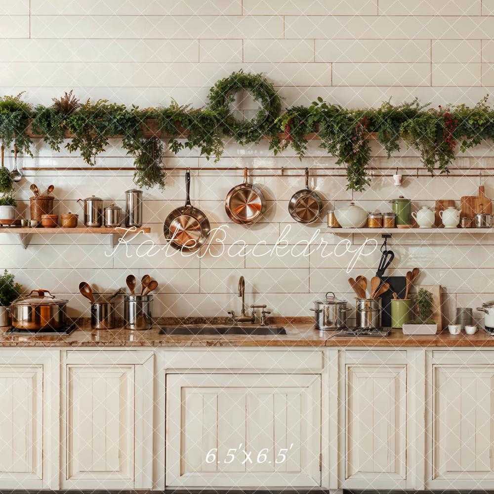Kate Christmas Kitchen White Cabinets Cookware Backdrop Designed by Emetselch -UK