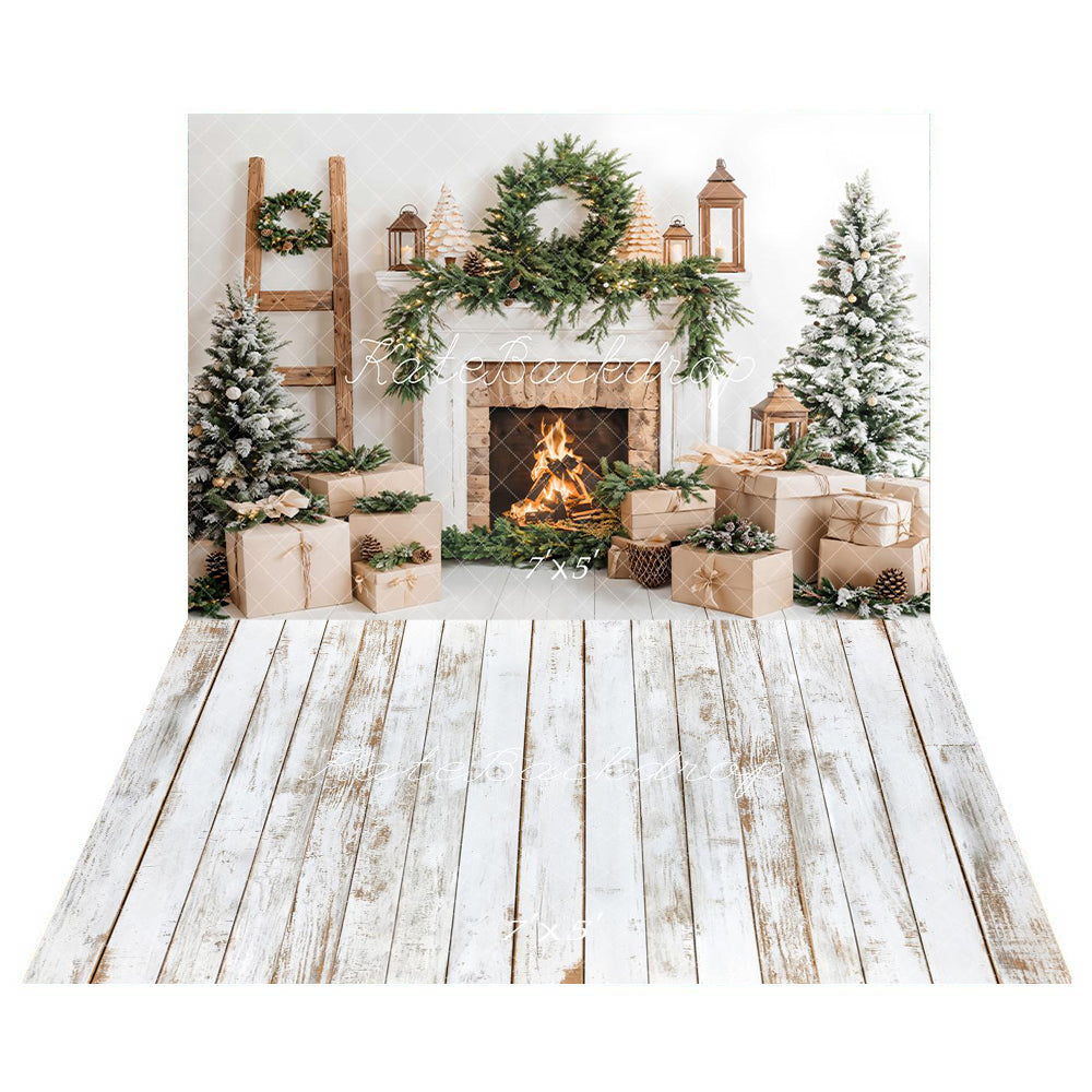 Kate Christmas Tree White Fireplace Gift Backdrop+Retro Wood Floor Backdrop -UK