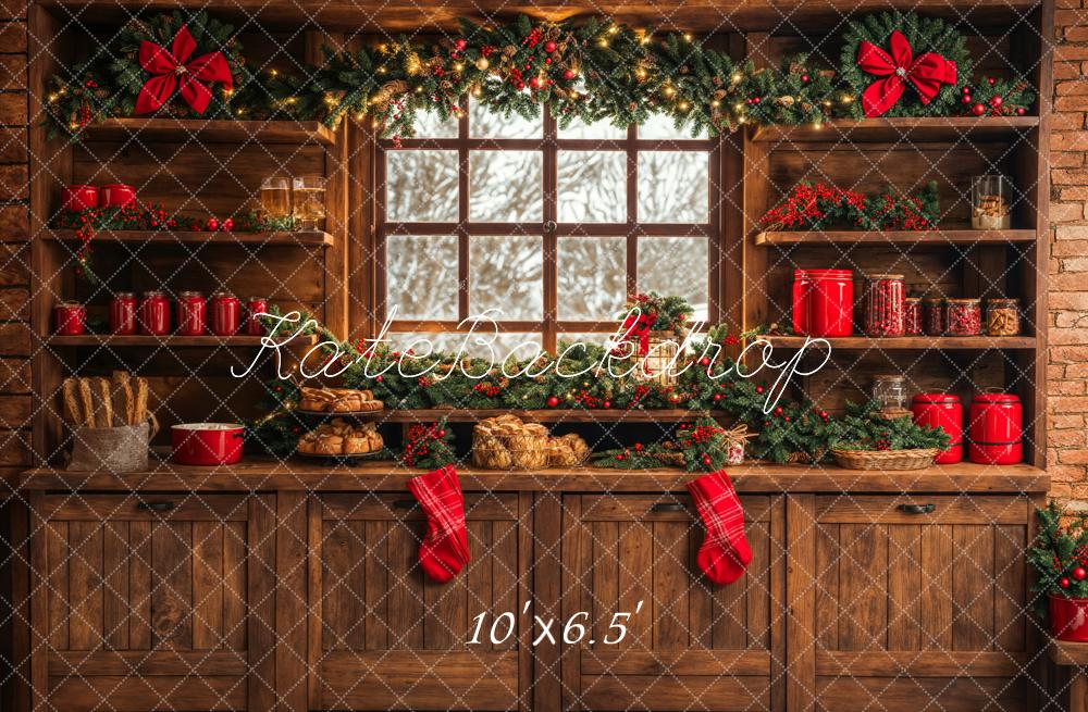 Kate Christmas Kitchen Brown Wooden Cabinets Red Stocking Backdrop Designed by Emetselch -UK