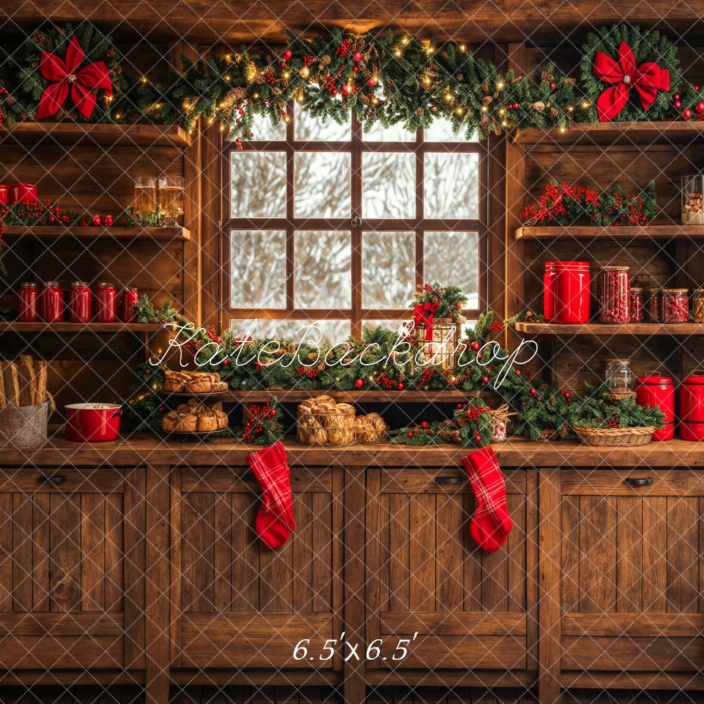 Kate Christmas Kitchen Brown Wooden Cabinets Red Stocking Backdrop Designed by Emetselch -UK