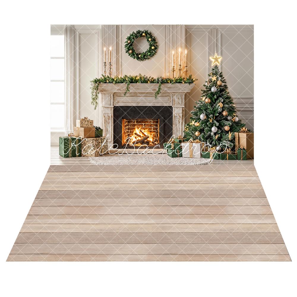 Lightning Deals Kate Christmas Tree Fireplace Gift Box Backdrop+Light Brown Wooden Floor Backdrop -UK