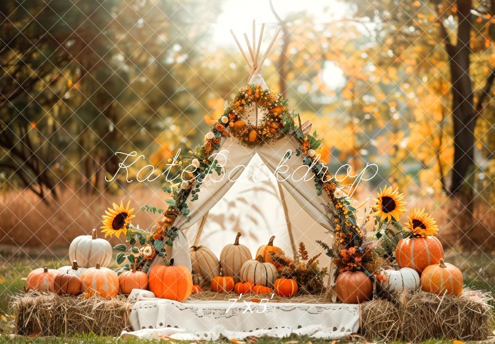 Kate Autumn White Teepee Sunflowers Pumpkins Backdrop Designed by Patty Robert -UK