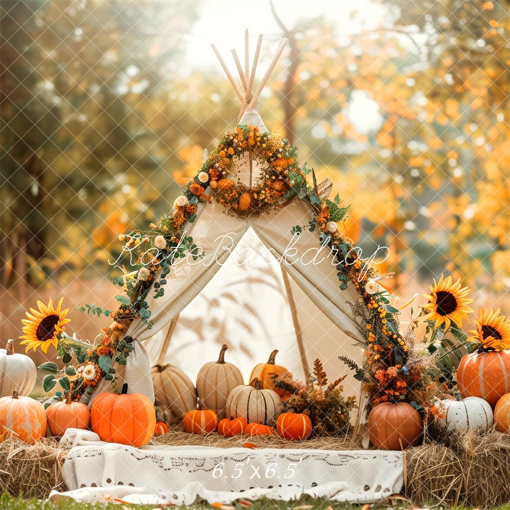 Kate Autumn White Teepee Sunflowers Pumpkins Backdrop Designed by Patty Robert -UK