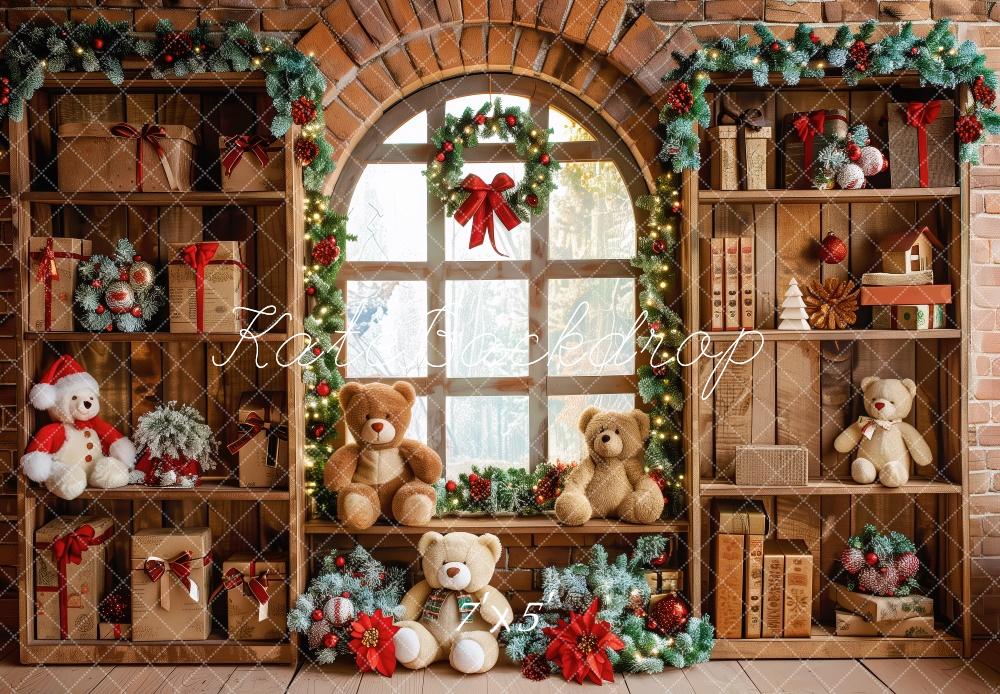 Kate Christmas Brown Gifts Shelf Teddy Bears Window Backdrop Designed by Patty Robert -UK