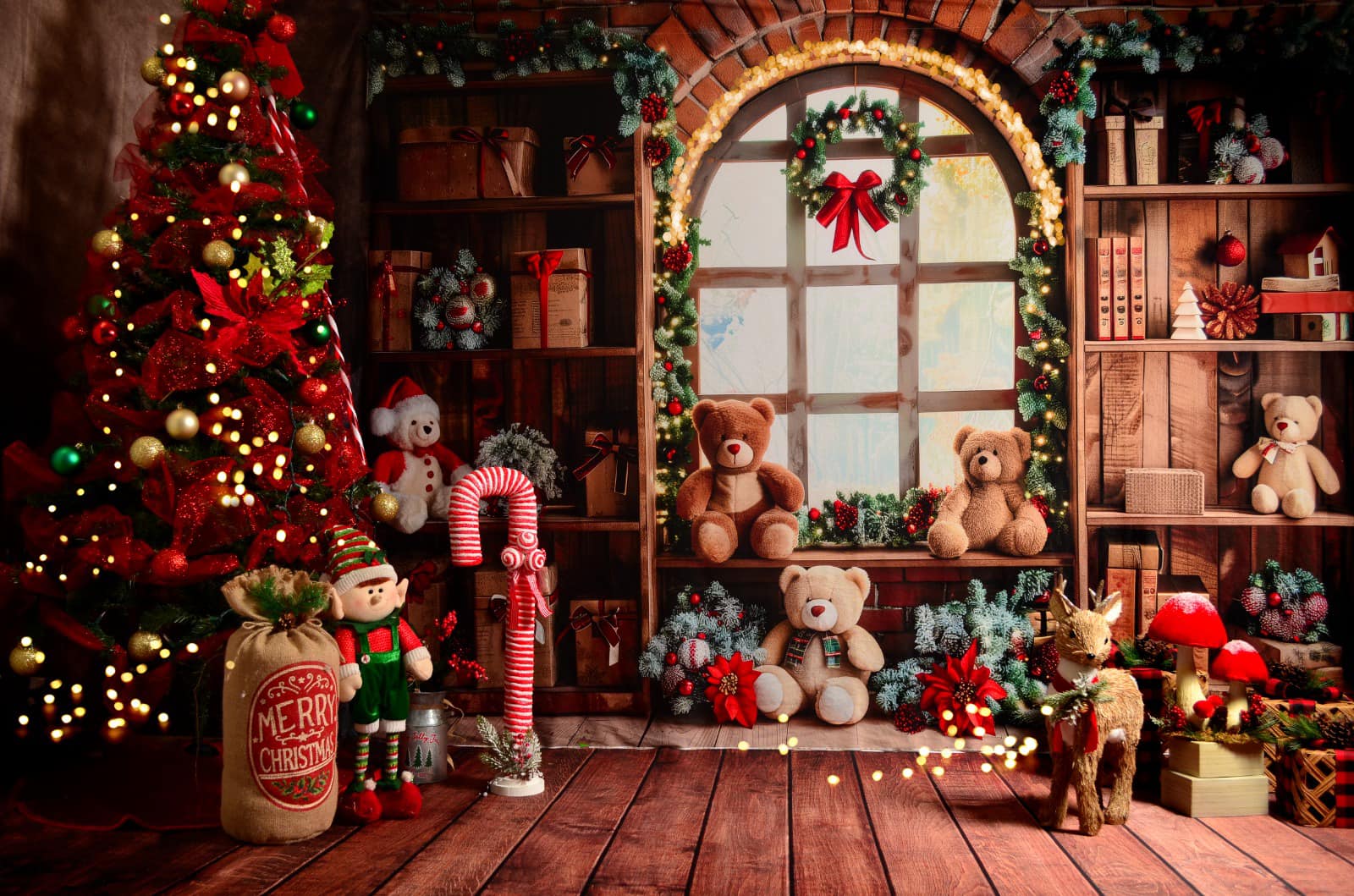 Kate Christmas Brown Gifts Shelf Teddy Bears Window Backdrop Designed by Patty Robert -UK
