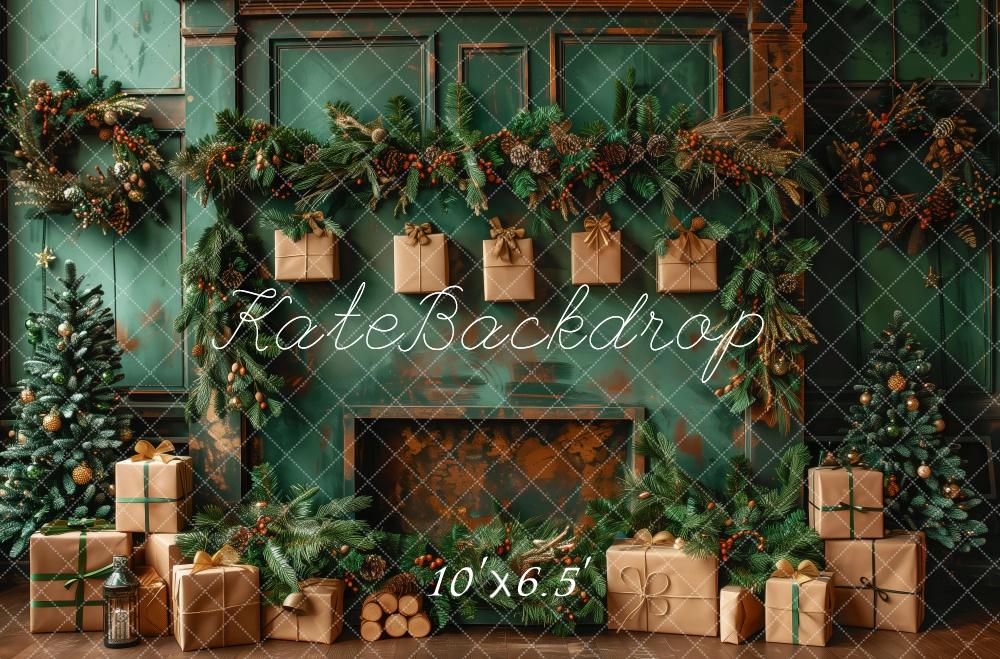 On Sale Kate Christmas Green Wall Brown Gifts Fireplace Backdrop Designed by Patty Robert -UK