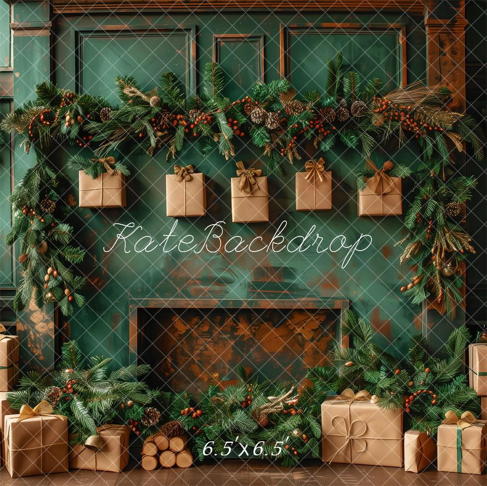 On Sale Kate Christmas Green Wall Brown Gifts Fireplace Backdrop Designed by Patty Robert -UK