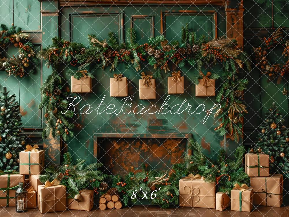 On Sale Kate Christmas Green Wall Brown Gifts Fireplace Backdrop Designed by Patty Robert -UK