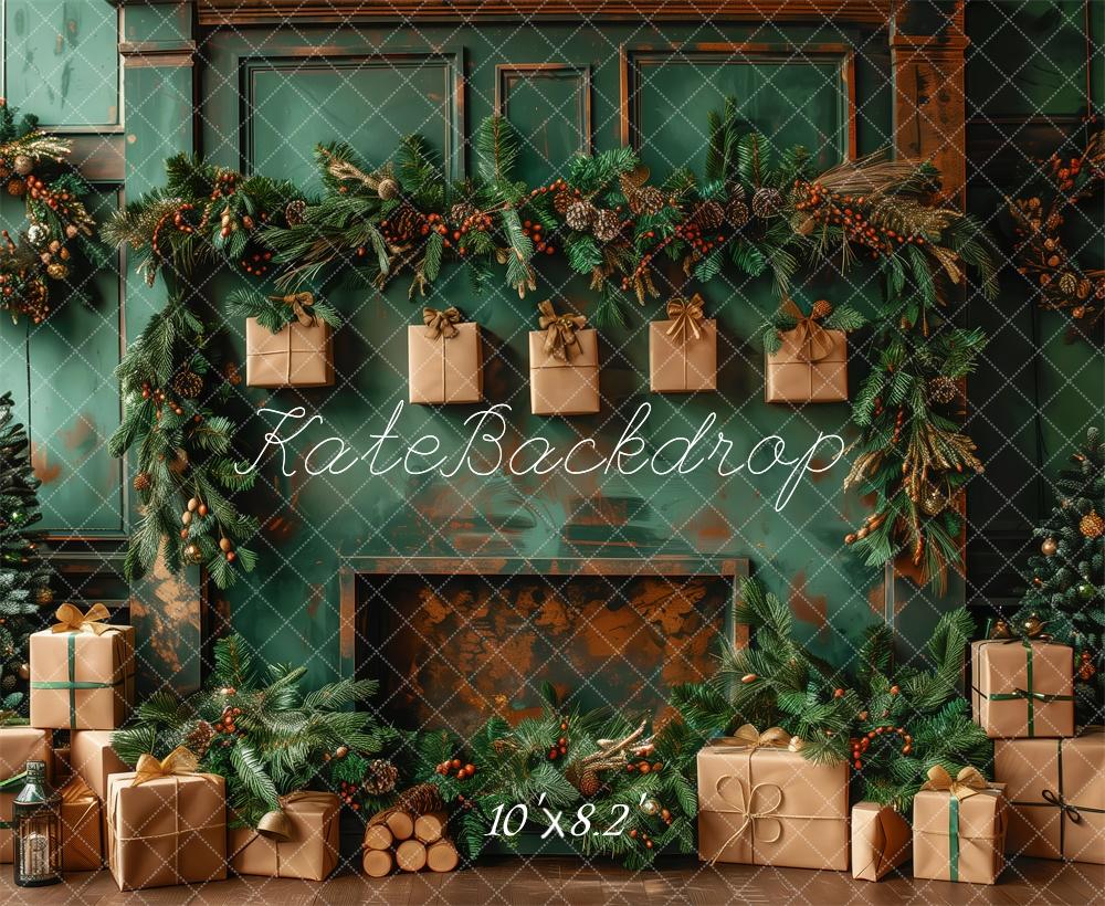 On Sale Kate Christmas Green Wall Brown Gifts Fireplace Backdrop Designed by Patty Robert -UK