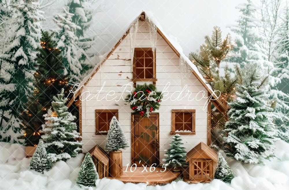 Kate Christmas Snowy White Wooden Cabin Backdrop Designed by Patty Robert -UK