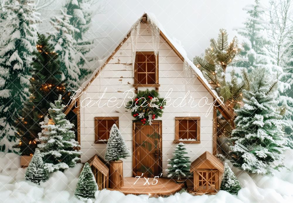 Kate Christmas Snowy White Wooden Cabin Backdrop Designed by Patty Robert -UK