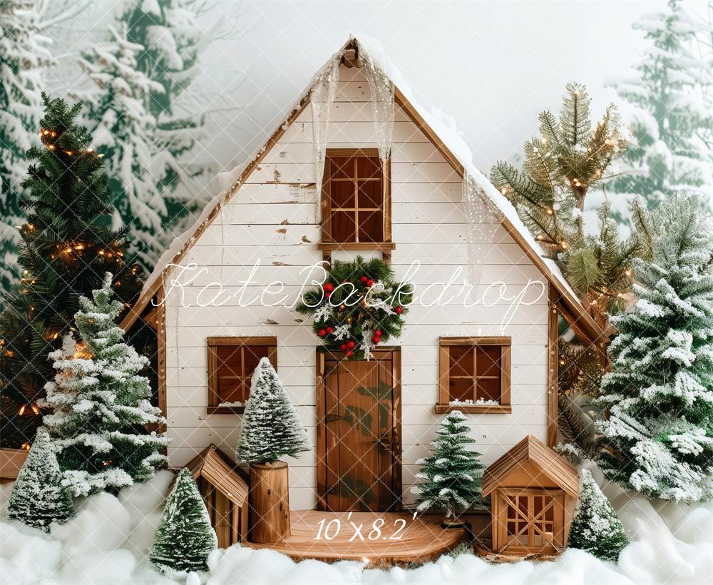Kate Christmas Snowy White Wooden Cabin Backdrop Designed by Patty Robert -UK
