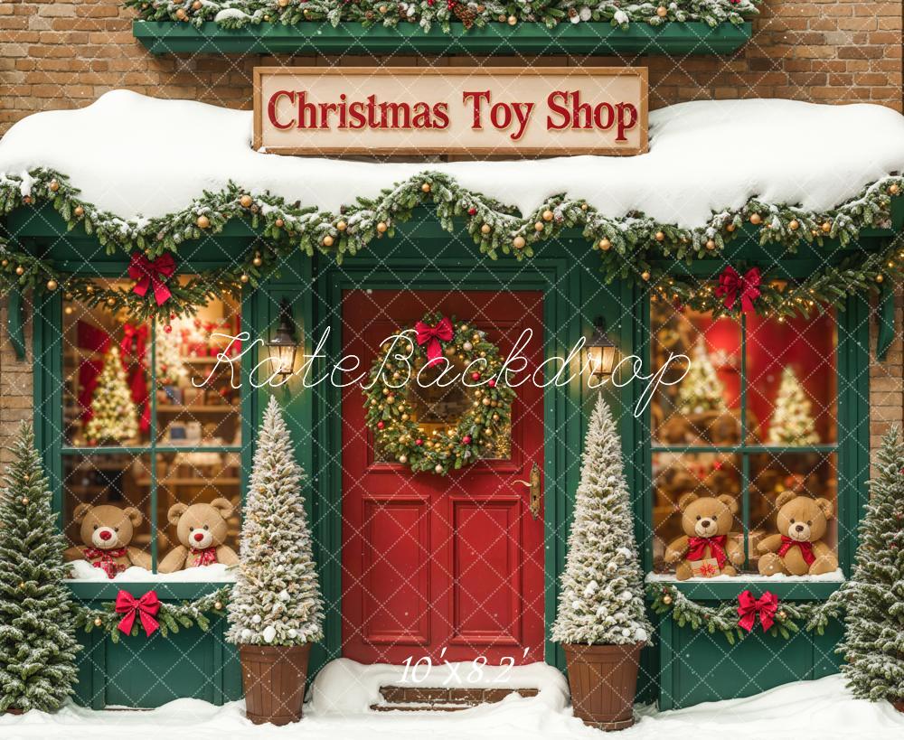 On Sale Kate Christmas Toy Shop Backdrop Snow Green Designed by Emetselch -UK