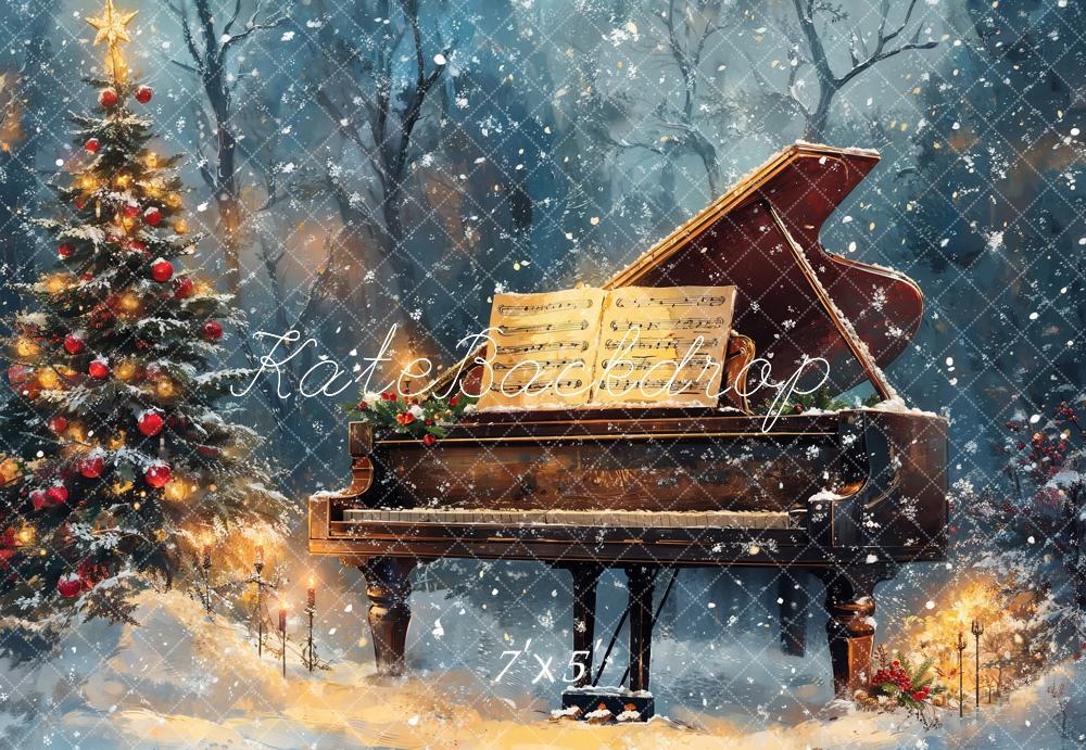 Kate Christmas Tree Piano Snowy Backdrop Designed by Emetselch -UK