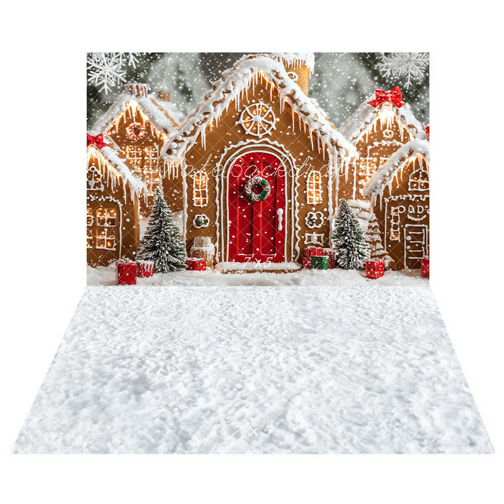 Kate Christmas Gingerbread Houses Snowy Backdrop+Winter Snow Floor Backdrop -UK