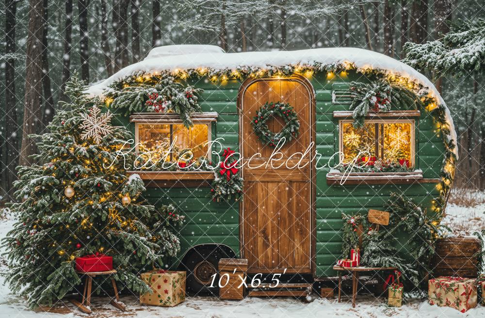 Kate Christmas Green Camping Car Snow Tree Backdrop Designed by Emetselch -UK