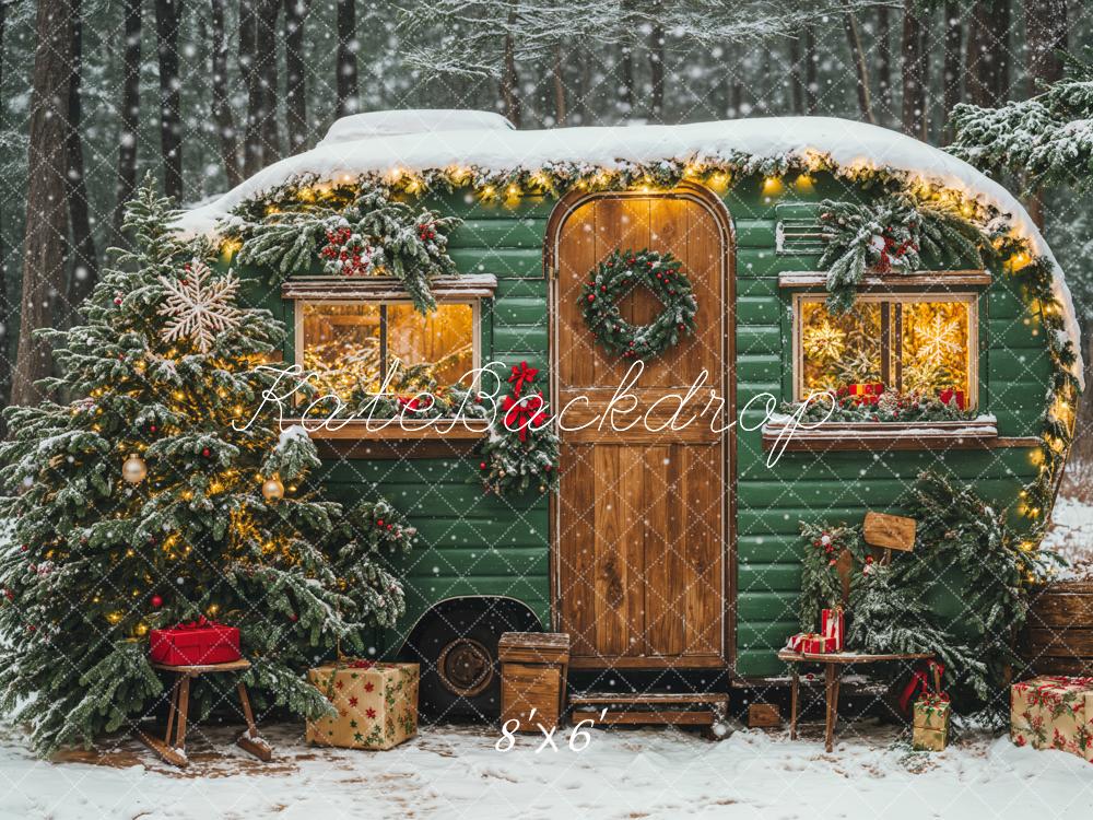 Kate Christmas Green Camping Car Snow Tree Backdrop Designed by Emetselch -UK