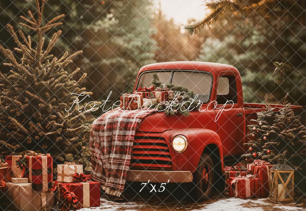 Lightning Deals Kate Christmas Red Truck Plaid Forest Backdrop Designed by Emetselch -UK