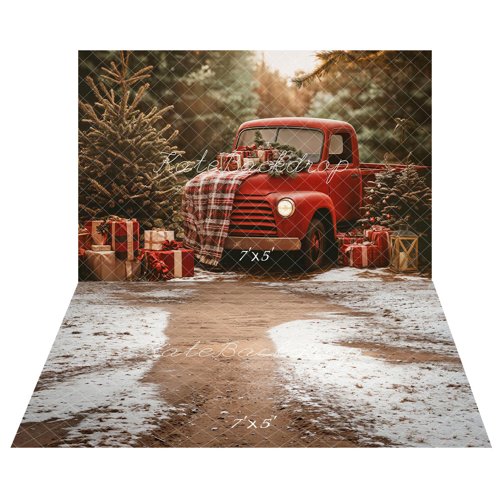 Kate Christmas Red Truck Plaid Forest Backdrop+Winter Snowy Path Floor Backdrop -UK