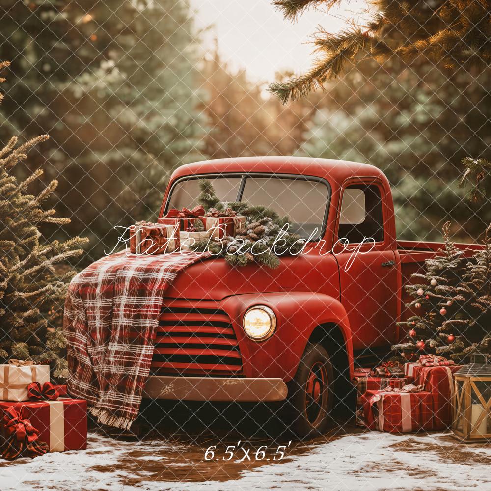 Lightning Deals Kate Christmas Red Truck Plaid Forest Backdrop Designed by Emetselch -UK