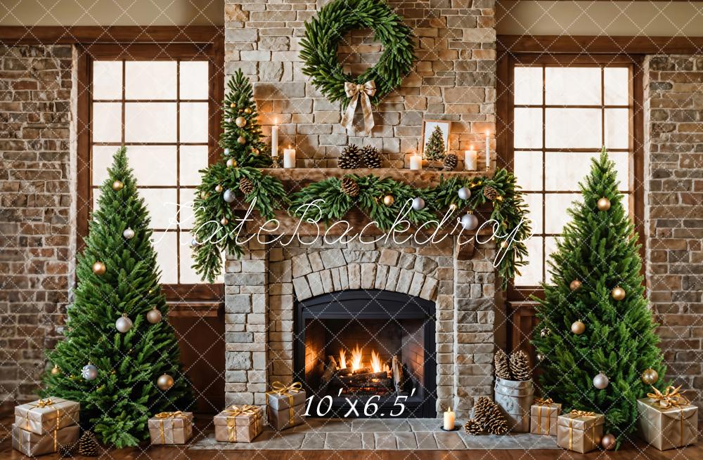 Kate Christmas Fireplace Tree Brick Backdrop Designed by Emetselch -UK