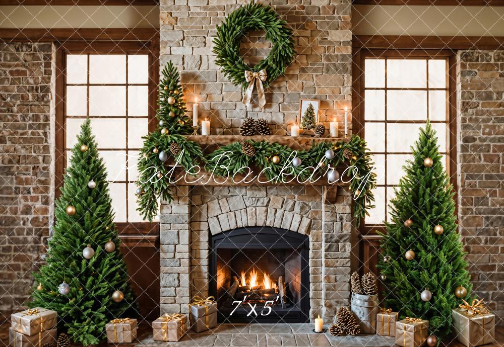 Kate Christmas Fireplace Tree Brick Backdrop Designed by Emetselch -UK