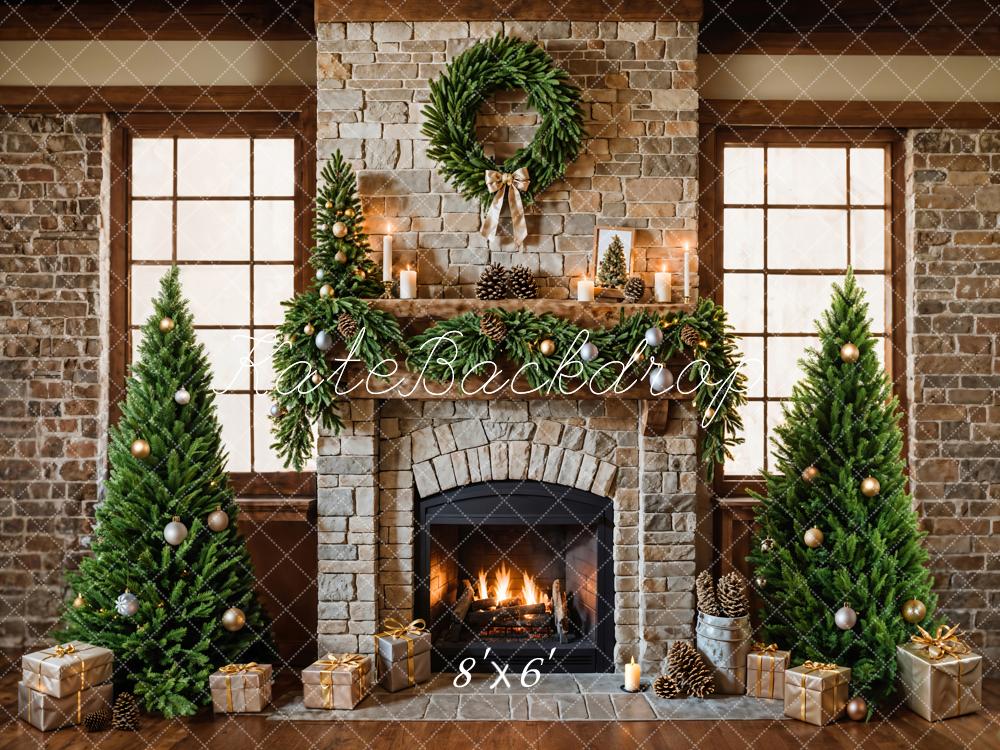 Kate Christmas Fireplace Tree Brick Backdrop Designed by Emetselch -UK
