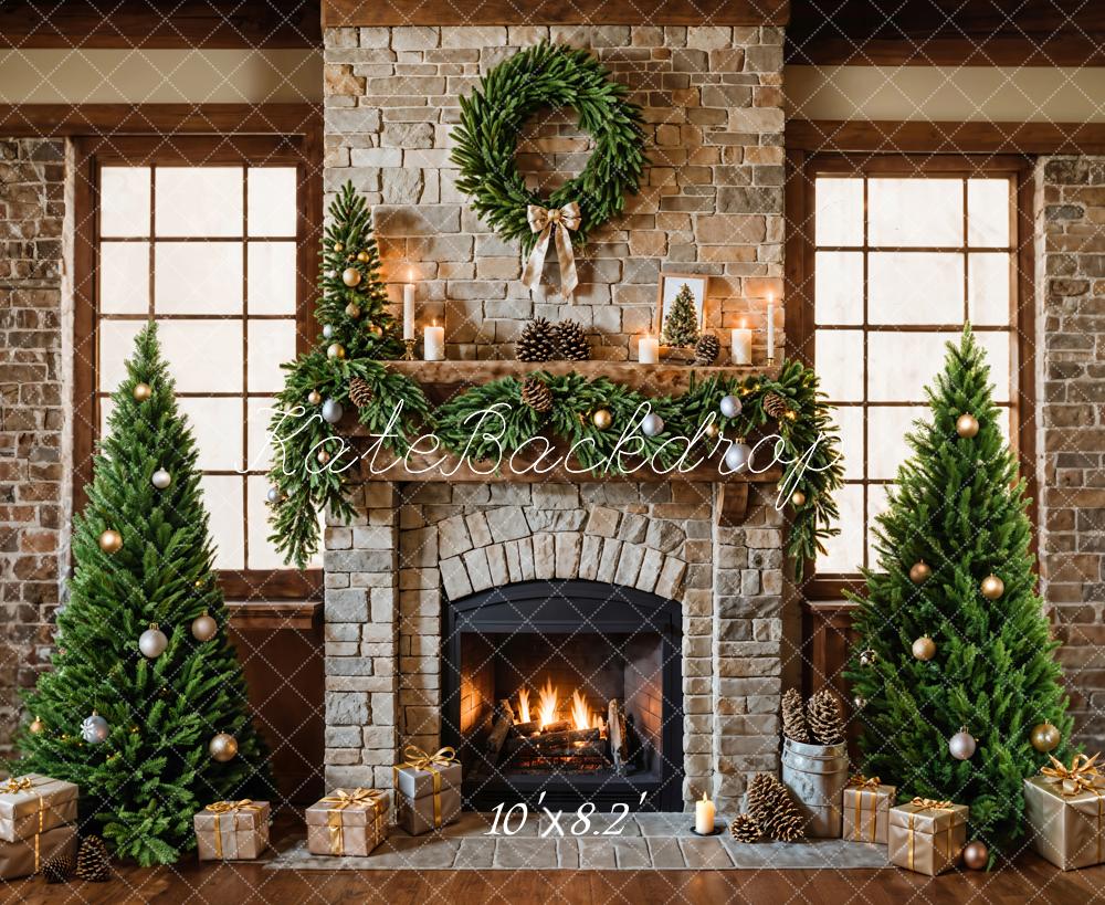 Kate Christmas Fireplace Tree Brick Backdrop Designed by Emetselch -UK