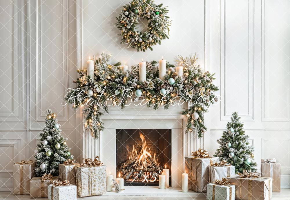 Kate Christmas White Fireplace Gifts Wreath Backdrop Designed by Emetselch -UK