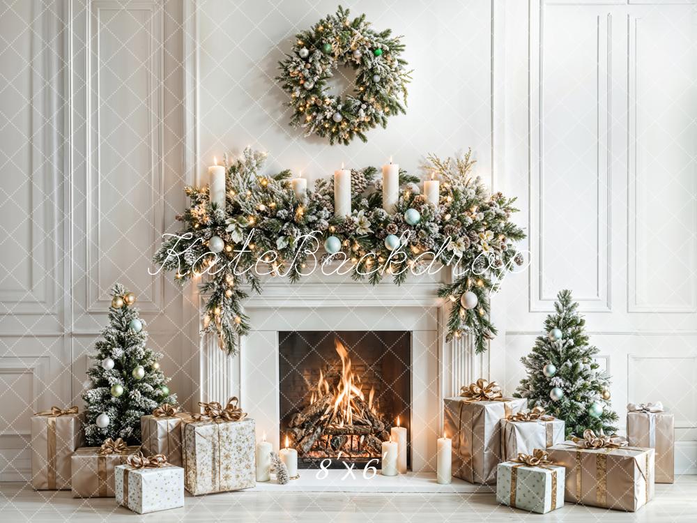 Kate Christmas White Fireplace Gifts Wreath Backdrop Designed by Emetselch -UK