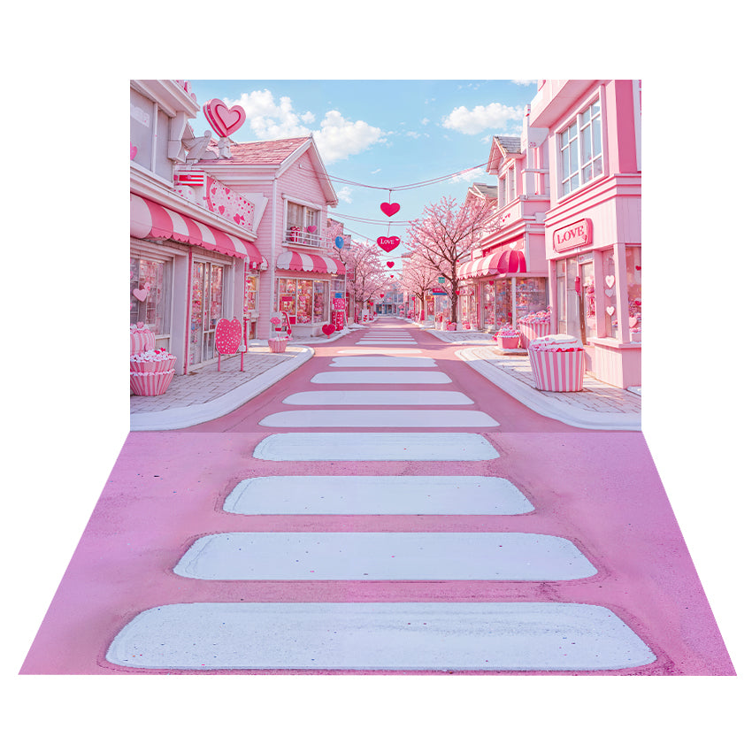 Kate Pink Love Street Cupcake Backdrop+Pink Cascading Stairs Floor Backdrop -UK